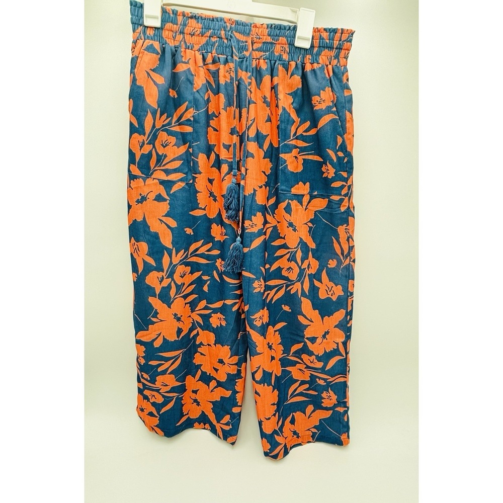 LOMON Linen Cotton Floral Wide Leg Crop Pants NWT Boho Resort Coastal L - Picture 3 of 10